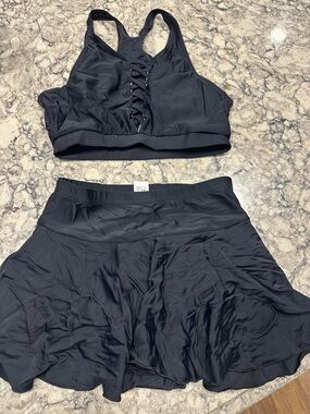 Black Lace-Up Sports Bra and Skirt Set